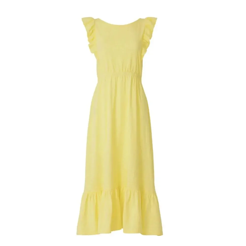 BA&SH Yellow Prairie Midi Dress SMALL Cottage Tiered Ruffle Cotton Designer $220 - Picture 6 of 10